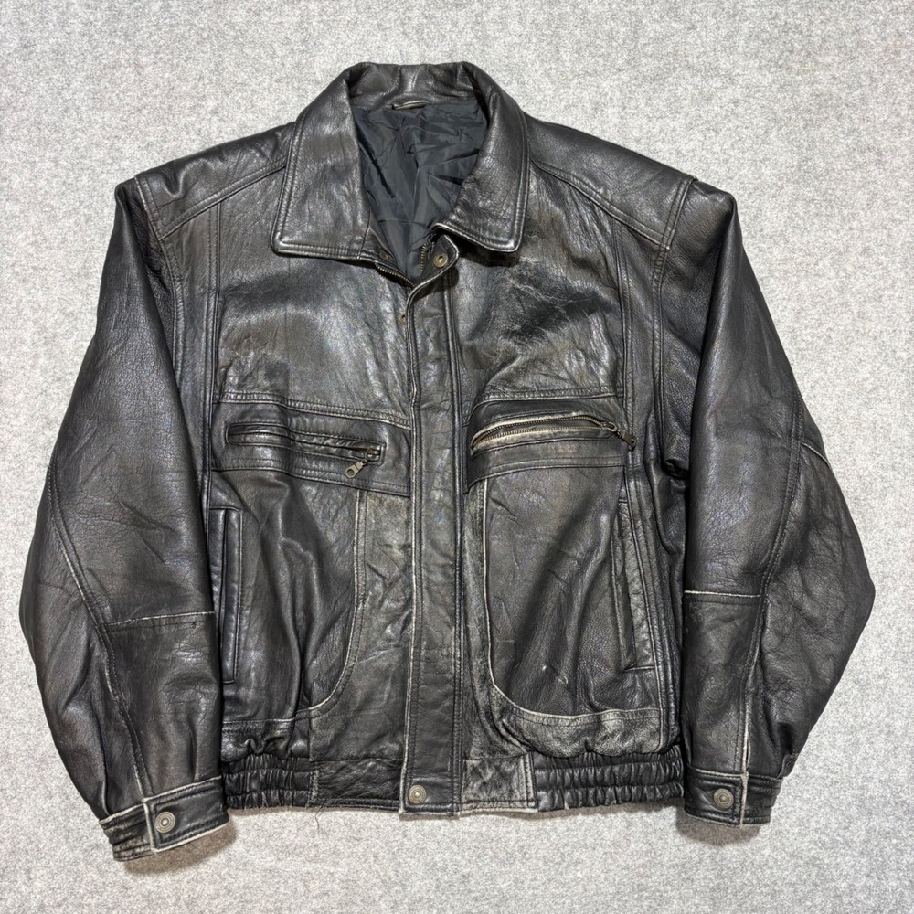 Vintage Black Leather Bomber Jacket Mens Distressed Biker Aviator Coat L Large